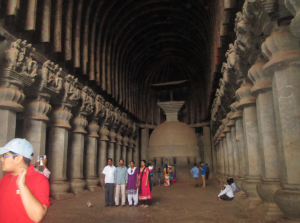 The rock-cut architectural styled hall at Karla Caves