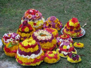 On the occasion of Bathukamma the arrangement of flowers and decorating Bathukamma